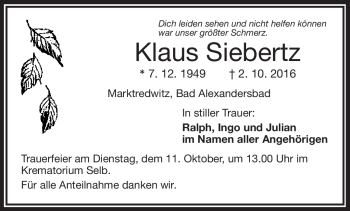 Traueranzeige von Klaus Siebertz von Frankenpost