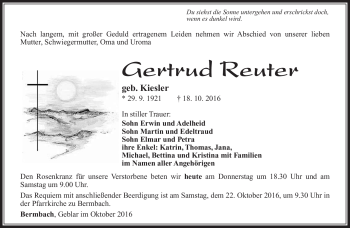 Traueranzeige von Gertrud Reuter von Südthüringer Presse