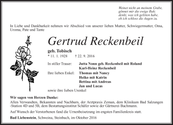 Traueranzeige von Gertrud Reckenbeil von Südthüringer Presse