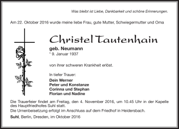 Traueranzeige von Christel Tautenhain von Südthüringer Presse