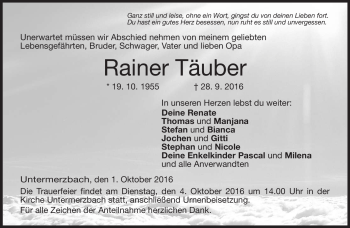 Traueranzeige von Rainer Täuber von Neue Presse Coburg