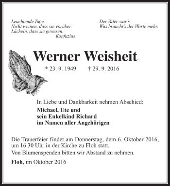 Traueranzeige von Werner Weisheit von Südthüringer Presse