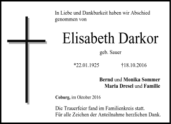 Traueranzeige von Elisabeth Darkor von Neue Presse Coburg