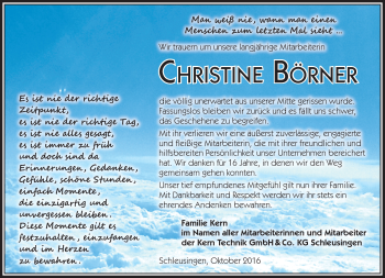 Traueranzeige von Christine Börner von Südthüringer Presse