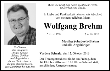 Traueranzeige von Wolgang Brehm von Neue Presse Coburg