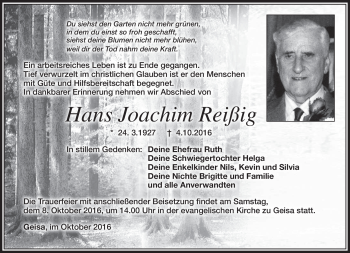 Traueranzeige von Hans Joachim Reißig von Südthüringer Presse