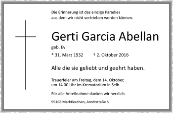 Traueranzeige von Gerti Garcia Abellan von Frankenpost