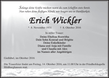 Traueranzeige von Erich Wickler von Südthüringer Presse