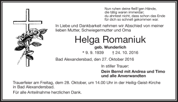 Traueranzeige von Helga Romaniuk von Frankenpost