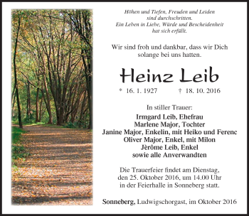 Traueranzeige von Heinz Leib von Südthüringer Presse