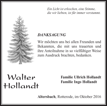 Traueranzeige von Walter Hollandt von Südthüringer Presse