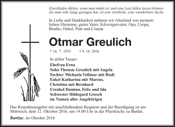 Traueranzeige von Otmar Greulich von Südthüringer Presse