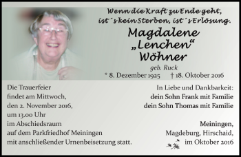 Traueranzeige von Magdalene Wöhner von Südthüringer Presse
