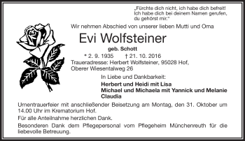 Traueranzeige von Evi Wolfsteiner von Frankenpost