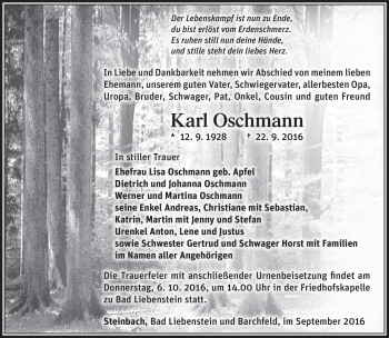 Traueranzeige von Karl Oschmann von Südthüringer Presse