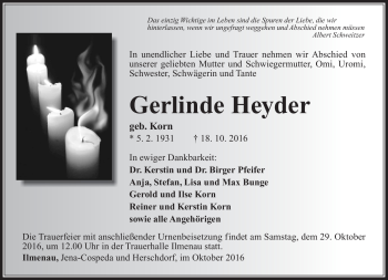 Traueranzeige von Gerlinde Heyder von Südthüringer Presse