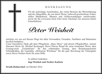 Traueranzeige von Peter Weisheit von Südthüringer Presse