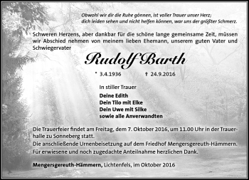 Traueranzeige von Rudolf Barth von Südthüringer Presse