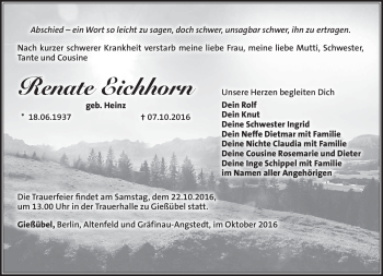 Traueranzeige von Renate Eichhorn von Südthüringer Presse