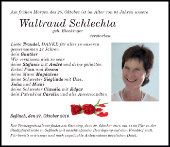 Traueranzeige von Waltraud Schlechta von Neue Presse Coburg