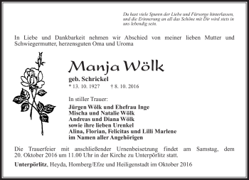 Traueranzeige von Manja Wölk von Südthüringer Presse