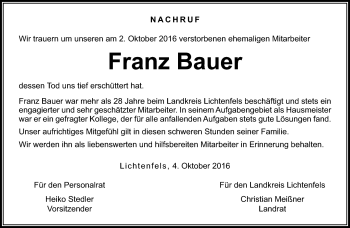 Traueranzeige von Franz Bauer von Neue Presse Coburg