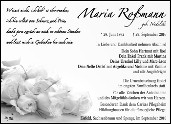 Traueranzeige von Maria Roßmann von Südthüringer Presse