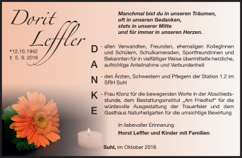 Traueranzeige von Dorit Leffler von Südthüringer Presse
