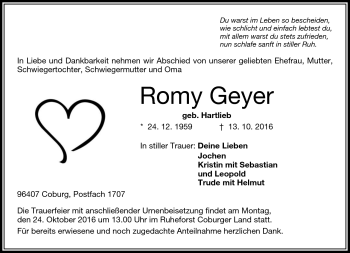 Traueranzeige von Romy Geyer von Neue Presse Coburg