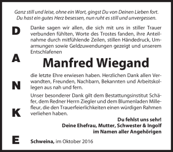 Traueranzeige von Manfred Wiegand von Südthüringer Presse