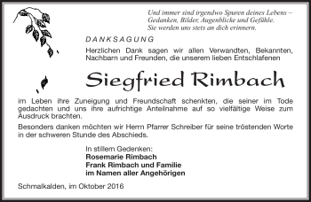 Traueranzeige von Siegfried Rimbach von Südthüringer Presse