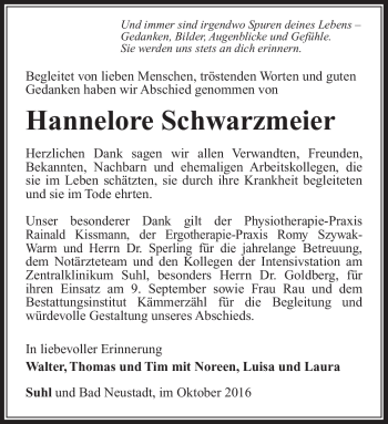 Traueranzeige von Hannelore Schwarzmeier von Südthüringer Presse