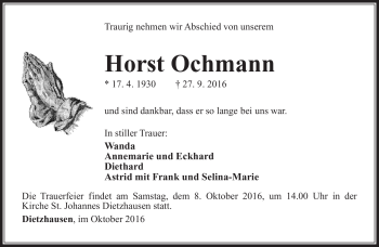 Traueranzeige von Horst Ochmann von Südthüringer Presse