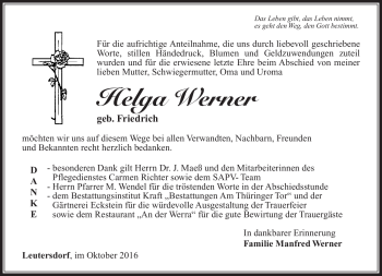 Traueranzeige von Helga Werner von Südthüringer Presse