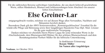 Traueranzeige von Else Greiner-Lar von Südthüringer Presse
