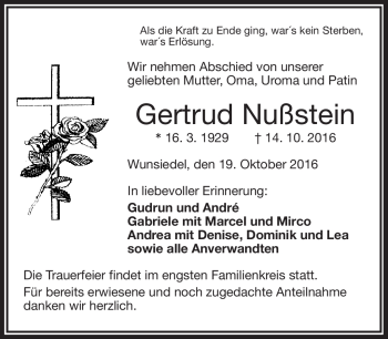 Traueranzeige von Gertrud Nußstein von Frankenpost