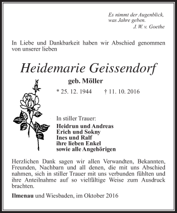 Traueranzeige von Heidemarie Geissendorf von Südthüringer Presse