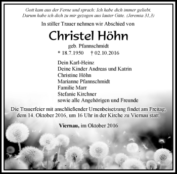Traueranzeige von Christel Höhn von Südthüringer Presse