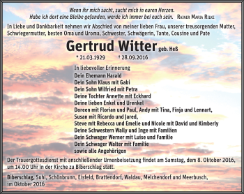 Traueranzeige von Gertrud Witter von Südthüringer Presse