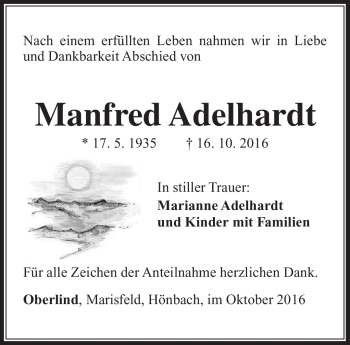 Traueranzeige von Manfred Adelhardt von Südthüringer Presse