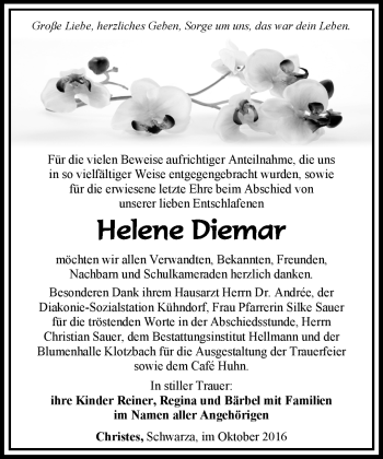 Traueranzeige von Helene Diemar von Südthüringer Presse