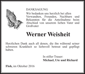 Traueranzeige von Werner Weisheit von Südthüringer Presse