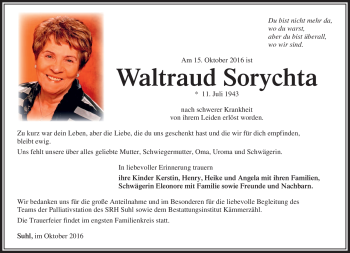 Traueranzeige von Waltraud Sorychta von Südthüringer Presse