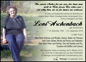 Traueranzeige von Helene Aschenbach von Südthüringer Presse