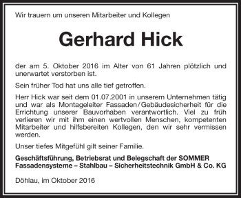 Traueranzeige von Gerhard Hick von Frankenpost