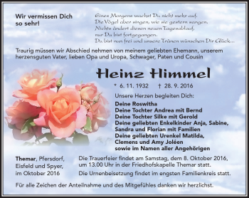 Traueranzeige von Heinz Himmel von Südthüringer Presse
