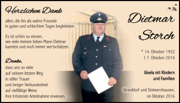 Traueranzeige von Dietmar Storch von Südthüringer Presse