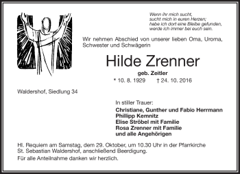 Traueranzeige von Hilde Zrenner von Frankenpost