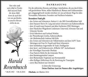 Traueranzeige von Harald Rosenbusch von Südthüringer Presse
