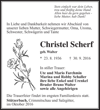 Traueranzeige von Christel Scherf von Südthüringer Presse